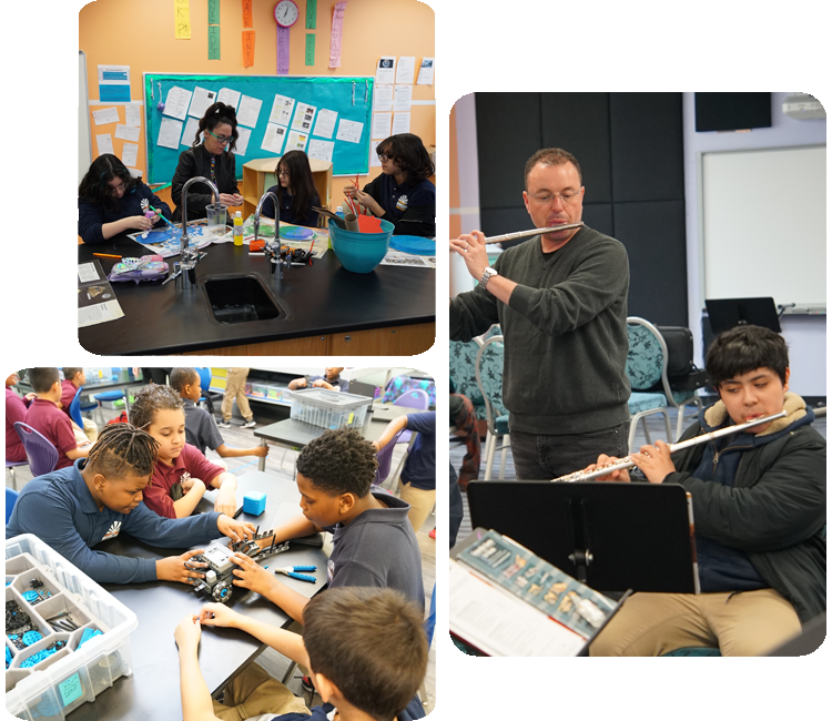 Collage showcasing various student activities including academics, science, and hands-on projects.